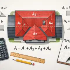 Ilustracja pokazuje, jak obliczyć powierzchnię dachu, dzieląc go na prostokąty i trójkąty. Obok domu znajdują się wzory matematyczne i przybory do mierzenia.
