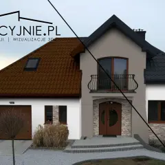 Wizualizacja 3D porównująca kolor dachu i elewacji: brązowa dachówka i jasna ściana vs. czarna dachówka i grafitowo-biała elewacja.