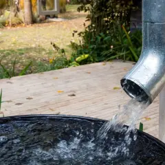 Metalowa rura odprowadza wodę z rynien do beczki. To praktyczne rozwiązanie, jakie rury do odprowadzenia wody z rynien wybrać, by zbierać deszczówkę.