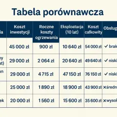 Tabela porównuje koszty ogrzewania, w tym dofinansowanie do pompy ciepła nowy dom. Pompa ciepła ma wysoki koszt inwestycji, ale niskie koszty roczne i eksploatacji.