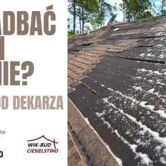 Uszkodzony dach po zimie, widoczna drewniana konstrukcja nośna dachu. Tekst: "Jak zadbać o dach po zimie? Kilka rad od dekarza.