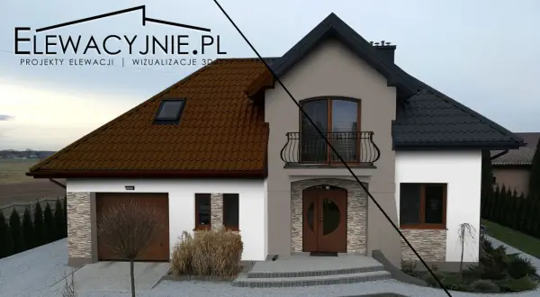 Wizualizacja 3D porównująca kolor dachu i elewacji: brązowa dachówka i jasna ściana vs. czarna dachówka i grafitowo-biała elewacja.
