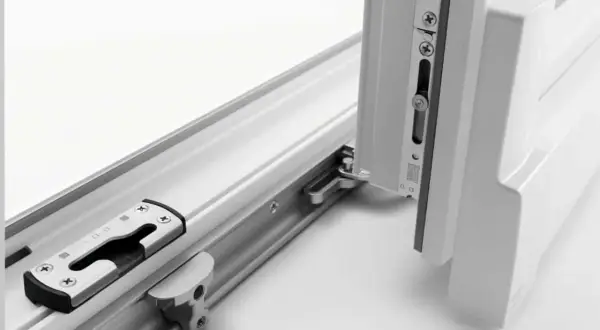Mechanizm okna PSK z widocznym ryglami i prowadnicą.