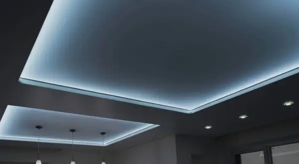 Nowoczesny sufit napinany z podświetleniem LED. Wady? Brak widocznych połączeń, idealnie gładka powierzchnia.