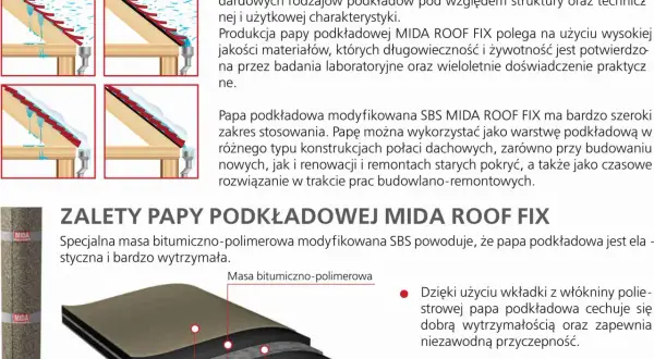 Papa podkładowa modyfikowana SBS MIDA ROOF FIX to elastyczne i wytrzymałe rozwiązanie chroniące dach przed przeciekami.