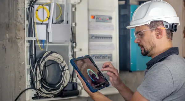 Technik w kasku i okularach ochronnych wykonuje przegląd elektryczny domu, używając tabletu do monitorowania instalacji.