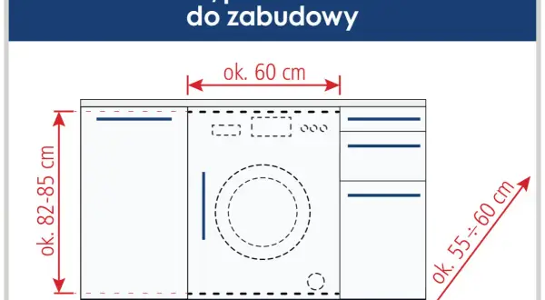 Wymiary pralki do zabudowy: szerokość ok. 60 cm, wysokość ok. 82-85 cm, głębokość ok. 55-60 cm.