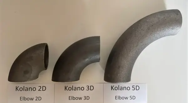 Trzy kolana hamburskie o różnym promieniu gięcia: 2D, 3D i 5D, wykonane z metalu.