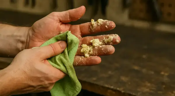 Ręce ubrudzone pianką montażową. Zielona ściereczka próbuje usunąć zaschnięte resztki. Dowiedz się, czym zmyć piankę montażową.
