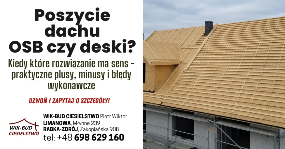 Budowa dachu z deskowaniem, które stanowi solidną podstawę pod pokrycie. Warto rozważyć, czy lepsze będzie OSB, czy tradycyjne deski.