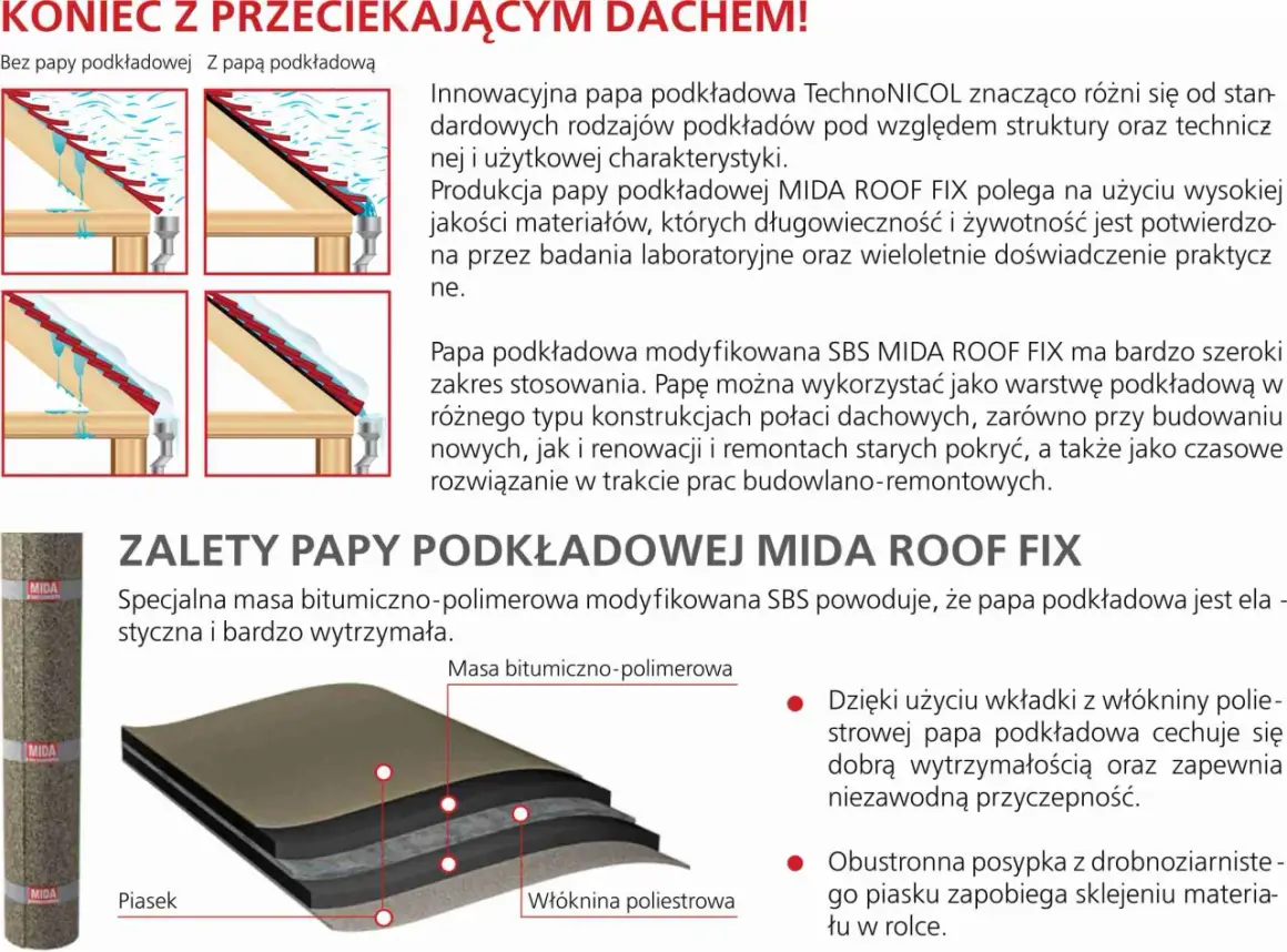 Papa podkładowa modyfikowana SBS MIDA ROOF FIX to elastyczne i wytrzymałe rozwiązanie chroniące dach przed przeciekami.