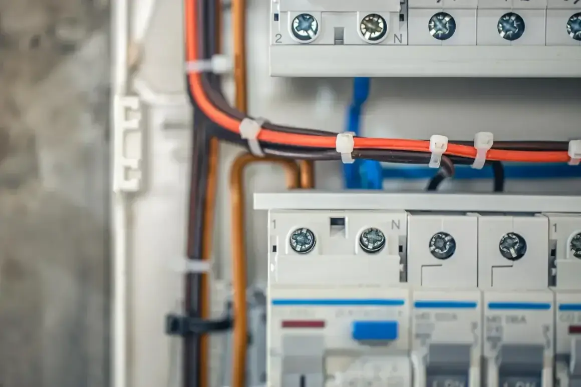 Zbliżenie na skrzynkę z bezpiecznikami i przewodami elektrycznymi.
