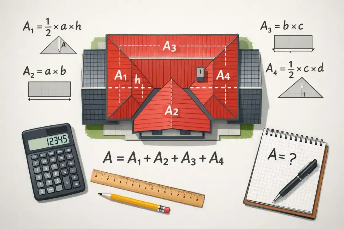 Ilustracja pokazuje, jak obliczyć powierzchnię dachu, dzieląc go na prostokąty i trójkąty. Widać wzory matematyczne, kalkulator i przybory kreślarskie.