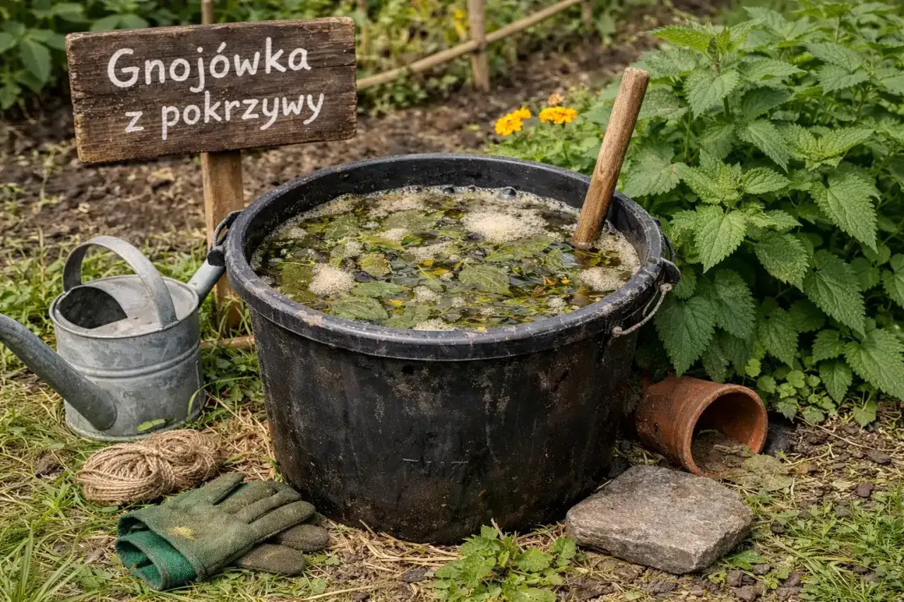 Gotowy do użycia nawóz z pokrzywy w wiadrze, obok konewka i rękawice. Znak informuje: 