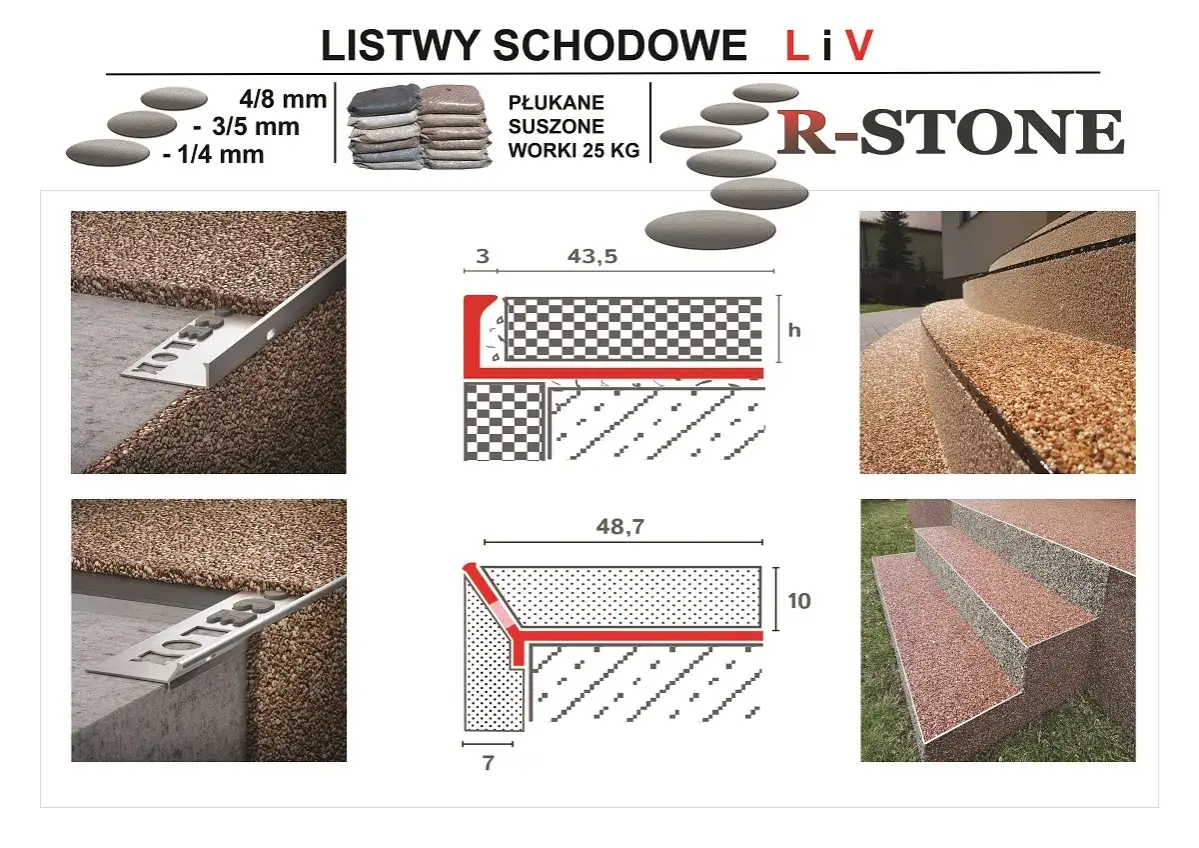 Kamienny dywan R-STONE: trwałe i estetyczne schody. Dostępne frakcje kruszywa: 4/8 mm, 3/5 mm, 1/4 mm. Koszt 1m2.