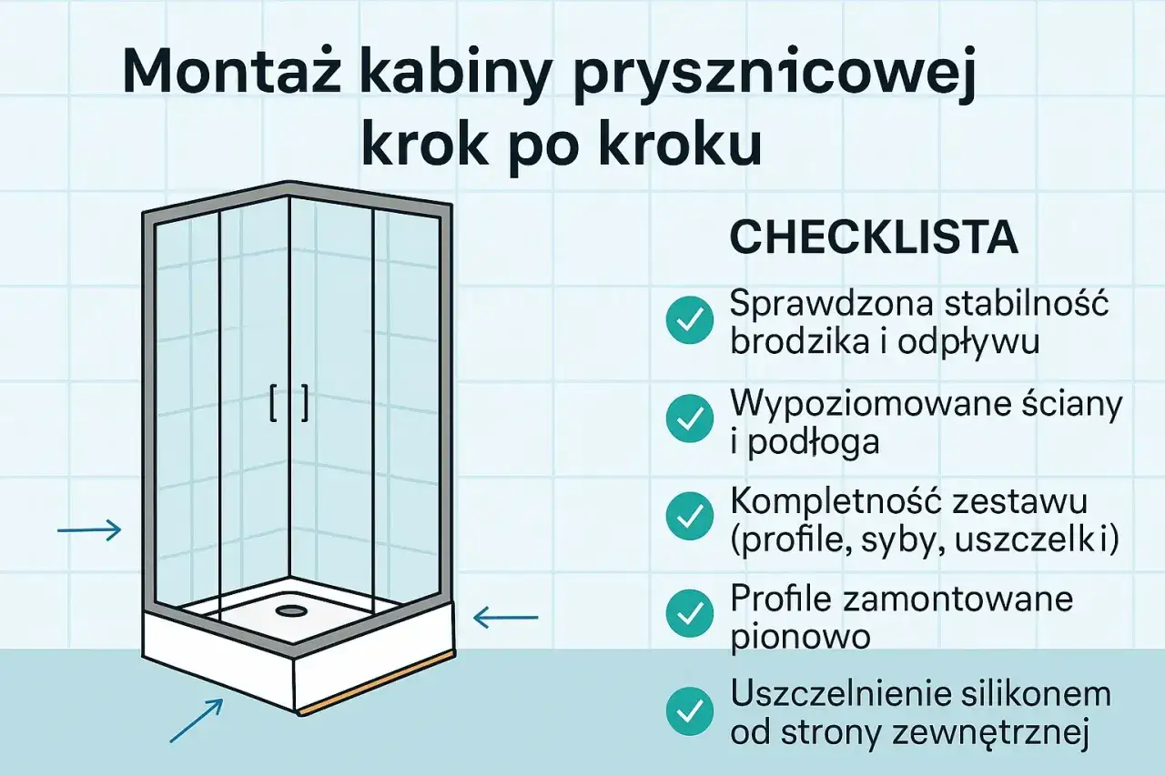 Ilustracja przedstawia montaż kabiny prysznicowej krok po kroku. Sprawdź stabilność brodzika i odpływu, wypoziomuj ściany i podłogę. Montaż kabiny prysznicowej cena.