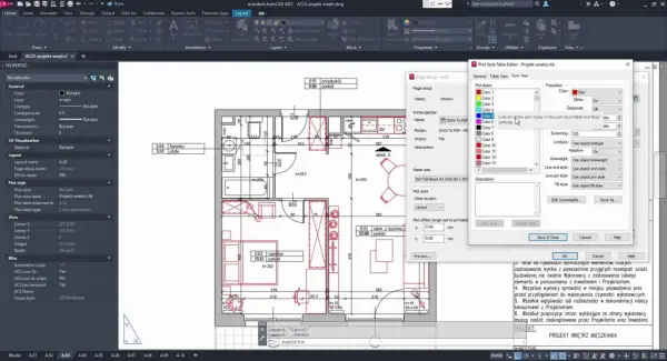 Aplikacja do projektowania wnętrz w programie AutoCAD, z widocznym oknem edytora stylów wydruku i planem mieszkania.