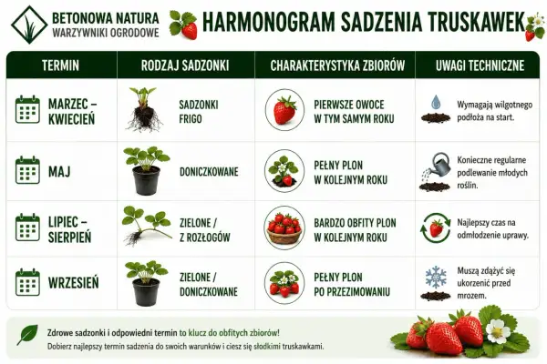 Harmonogram sadzenia truskawek: sadzonki frigo marzec-kwiecień (owoce w tym samym roku), doniczkowane maj (pełny plon w kolejnym roku), zielone z rozłogów lipiec-sierpień (bardzo obfity plon w kolejnym roku), zielone doniczkowane wrzesień (pełny plon p...