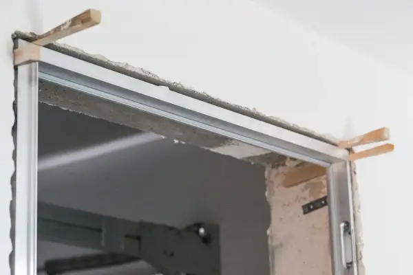 Montaż drzwi ukrytych w ścianie. Metalowa futryna i drewniane kliny podtrzymują konstrukcję.