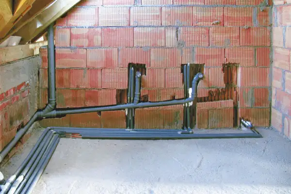 Instalacja hydrauliczna w trakcie budowy. Rury poprowadzone w ścianie z pustaków ceramicznych, zapobiega przeciekom.