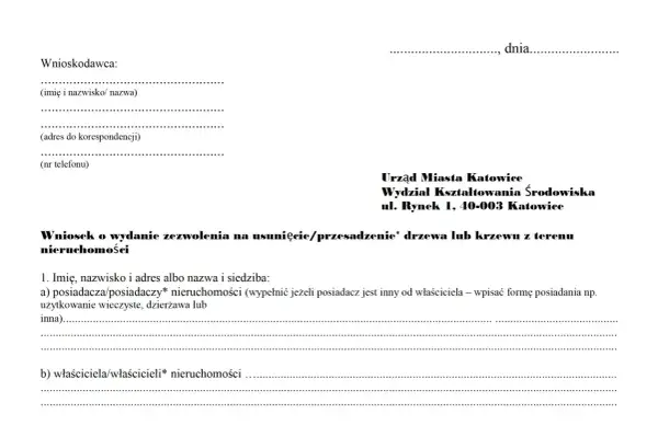 Formularz wniosku o zezwolenie na usunięcie drzewa/krzewu. Dokument nie zawiera informacji, jakie drzewa można wyciąć bez zezwolenia.
