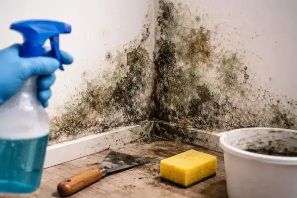Rękawiczka w niebieskiej rękawicy trzyma butelkę z rozpylaczem, gotową do walki z pleśnią na ścianie. Obok leżą szpachelka i gąbka.