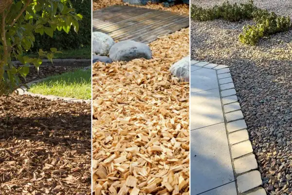 Trzy różne rodzaje ściółki: ciemne zrębki drzewne przy trawniku, jasne zrębki drzewne przy kamieniach i drewnianej ścieżce, oraz kamyczki przy płytkach i roślinach.