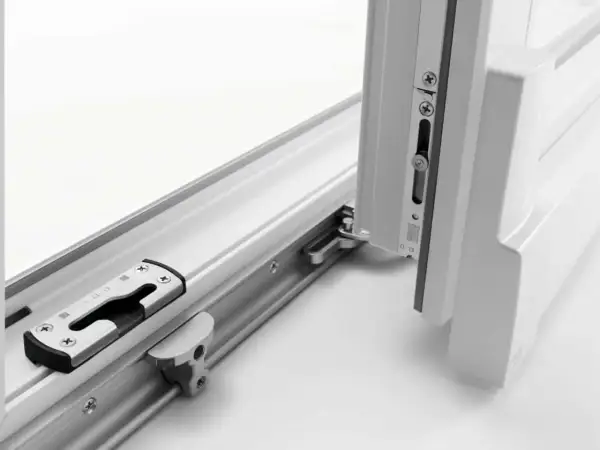 Mechanizm okna PSK z widocznym ryglami i prowadnicą.