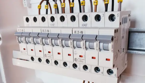 Rzędy bezpieczników w rozdzielnicy elektrycznej, różne rodzaje bezpieczników i ich oznaczenia.