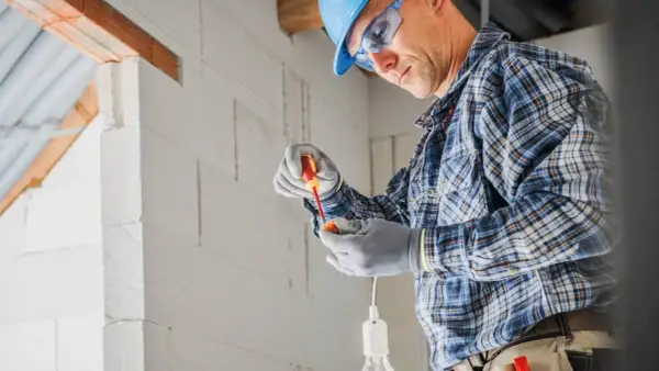 Elektryk w kasku i okularach montuje oprawkę żarówki. Sprawdź nasze usługi elektryczne cennik.