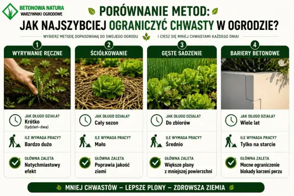 Porównanie metod zwalczania chwastów: ręczne wyrywanie, ściółkowanie, gęste sadzenie i bariery betonowe. Wybierz najlepszą dla swojego ogrodu.