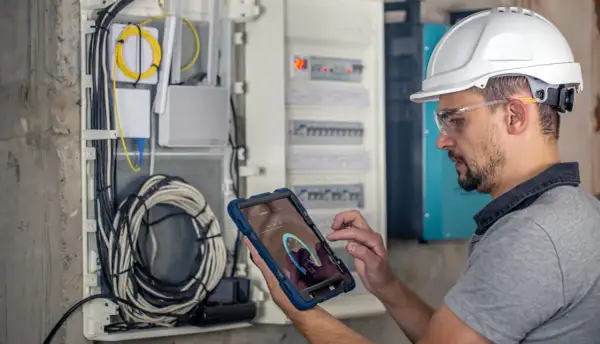 Technik w kasku i okularach ochronnych wykonuje przegląd elektryczny domu, używając tabletu do monitorowania instalacji.