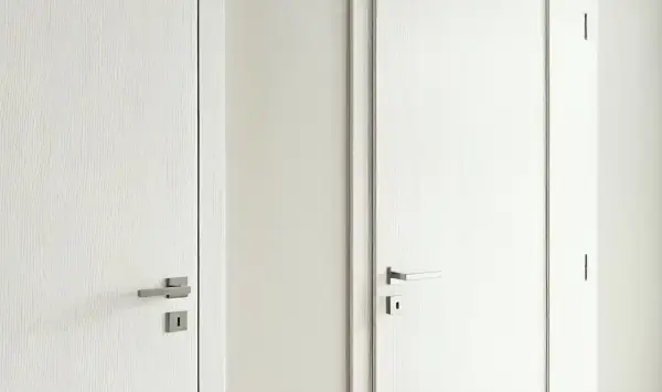 Dwie białe drzwi: jedna z widocznym frezem (przylgowe), druga gładka (bezprzylgowe). Eleganckie uchwyty.