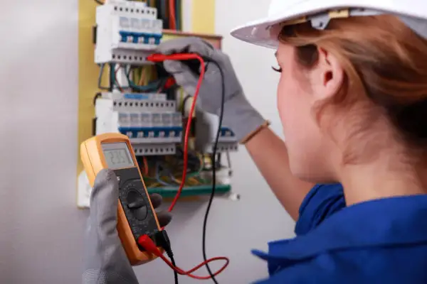 Elektryk w białym kasku przeprowadza przegląd instalacji elektrycznej, mierząc napięcie multimetrem.