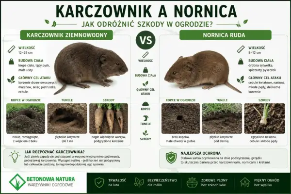 Porównanie karczownika i nornicy: szkodniki w ogrodzie. Karczownik niszczy korzenie drzew i warzyw, nornica atakuje cebule i nasiona.