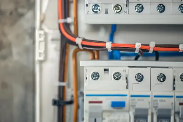 Zbliżenie na skrzynkę z bezpiecznikami i przewodami elektrycznymi.