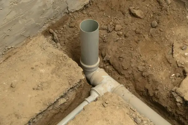 Fragment budowy kanalizacji. Szare rury kanalizacyjne ułożone w wykopie, otoczone ziemią i fragmentem betonowej ściany.