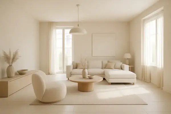Jasny, minimalistyczny salon z beżową kanapą i fotelem. Idealna inspiracja, jaki kolor do salonu wybrać, by stworzyć przytulną atmosferę.